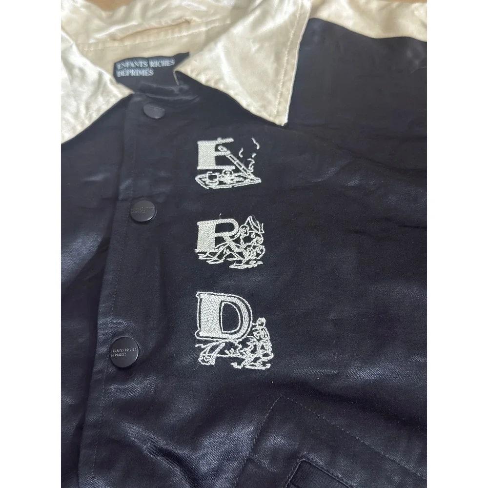 ERD Satin Varsity Bomber Jacket Black Cream Embroidered